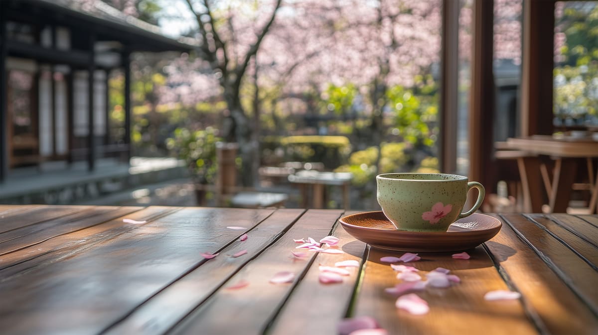 桜が見える古民家カフェのテラスとコーヒーカップ